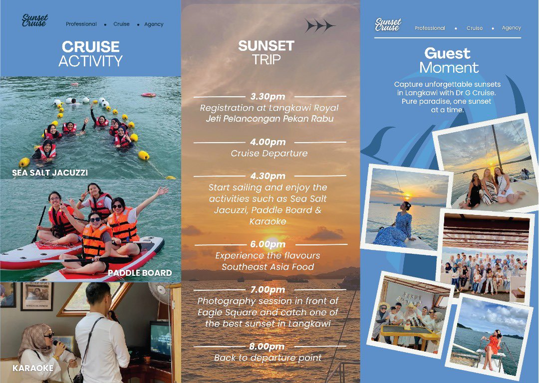 seek_wanderlust's tweet photo. 🕒 3:30PM – 8:00PM
📍 Langkawi Royal Jeti Pelancongan, Pekan Rabu

💰 Adult RM220 | Child RM120
🚤 Private Charter (15 pax) RM3,500 | (20 pax) RM4,500

Because sunsets are best shared — especially at sea. 🌅✨

📲 Book your spot here: https://t.co/BxsSDwZOm9 https://t.co/XCQrTUi1zY