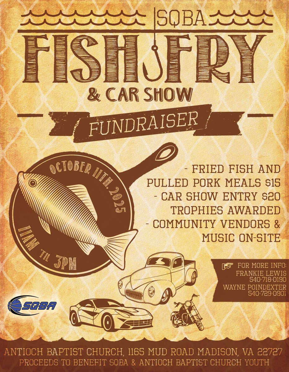coachlewis_sqba's tweet photo. THIS SATURDAY 10.11.25
Fish Fry &amp; Car Show 
Fish or Pulled Pork Meals $15
To enter your Car, Truck or Bike $20
Also donation boxes for The Haven homeless shelter and Ready Kids Winter Coat Drive on site.  #SQBA #opportunity https://t.co/DIllfB02kd