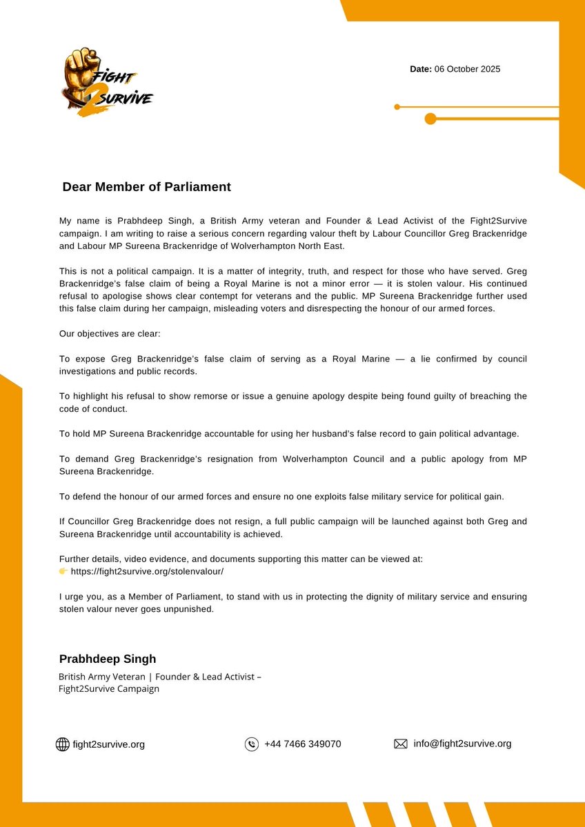 PrabhdeepReform's tweet image. If Valour thief Labour Councillor Greg Brackenridge doesn’t step down and Labour MP Sureena Brackinridge fails to make a public apology within the next 6 days — before we call out a protest against them both — I have officially written to all party MPs and every Councillor in…