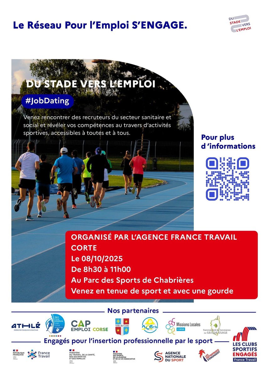 📣 Demain à <a href="/VilleCorti/">Ville de Corte - Cità di Corti</a>  #DuStadeVerslEmploi

Participez à un événement unique mêlant sport et emploi.

Rencontrez des recruteurs du secteur sanitaire et social, et montrez vos compétences à travers des activités sportives #AvecFranceTravail

Ouvert à toutes et à tous
