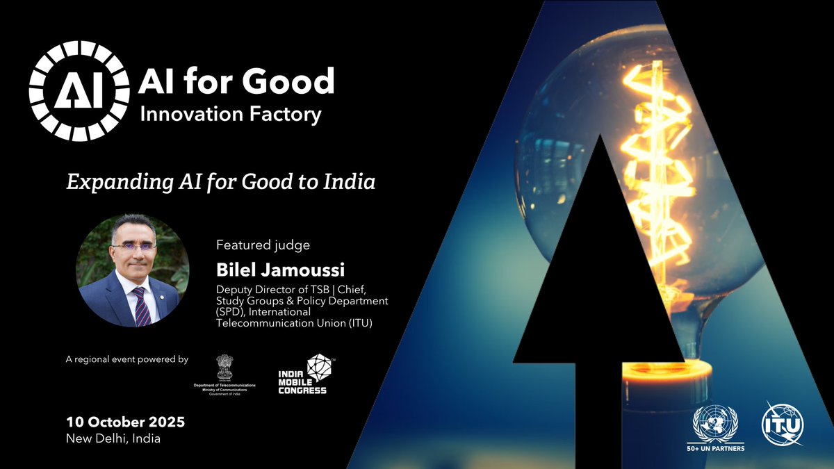 Honored to serve as a judge for the #AIforGood Innovation Factory India 2025!  <a href="/ITUstandards/">ITU Standardization 🇺🇳</a> <a href="/AIforGood/">AI for Good 🇺🇳 #AIforGood</a>
Join us:
🗓 10 October 2025
 12:00–12:40 IST (New Delhi)
📍 Yashobhoomi – India International Convention Centre, New Delhi
🌐 aiforgood.itu.int/event/ai-for-g…