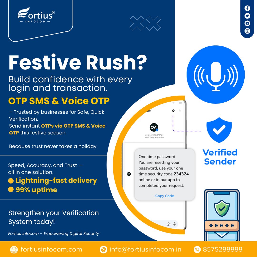 fortiusinfocom's tweet image. 🎉 This Festive Season, Deliver Security with Speed!
⚡ Secure every login with instant OTP SMS &amp;amp; Voice OTP.
✅ 99% delivery | 🔐 Real-time auth | 🌍 Trusted by businesses.
📞 +91 8572 88888
🌐 fortiusinfocom.com/voice-otp
🌐 fortiusinfocom.com/wsms-otp-forti…

#OTPService #VoiceOTP #SecureLogin