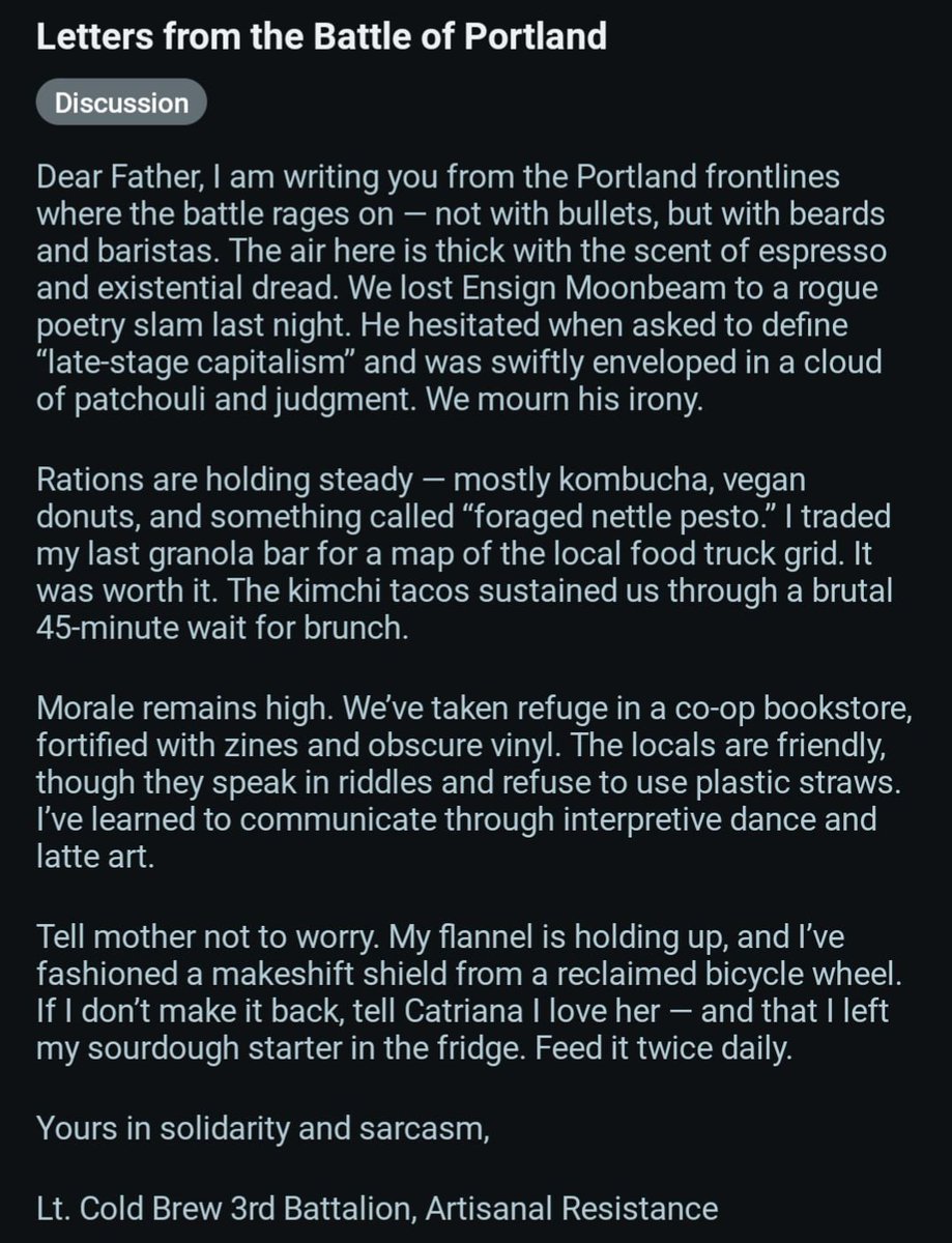 PurpleGimp's tweet image. Aww, you guys, we just received our first letter from the Battle of Portland here in Clackamas, Oregon. Bad news, there might not be enough sweaters for the chickens this winter due to the blockade. 😞 (Whoever wrote this, I owe you a beer, lol.) #pdx #pdxprotests #pdxprotest