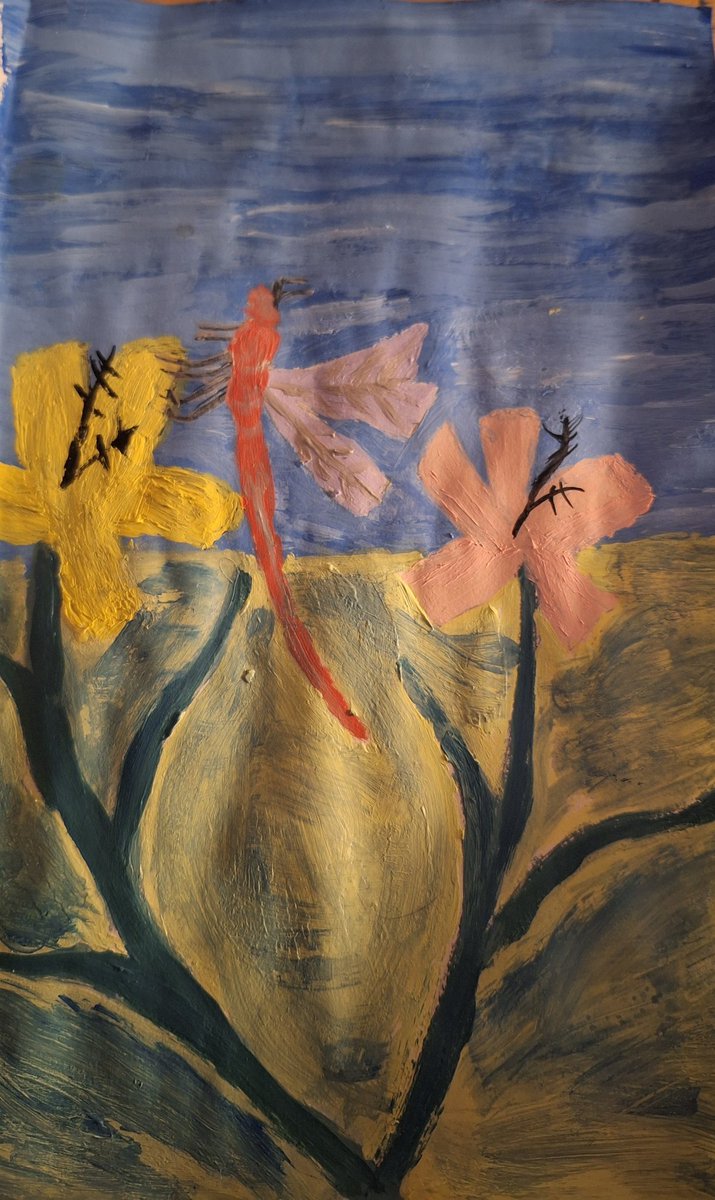 GraceAndArt1's tweet image. Dragonfly flying over beautiful flowers. 🌸 #Art #Painting #PraiseGod #Christian