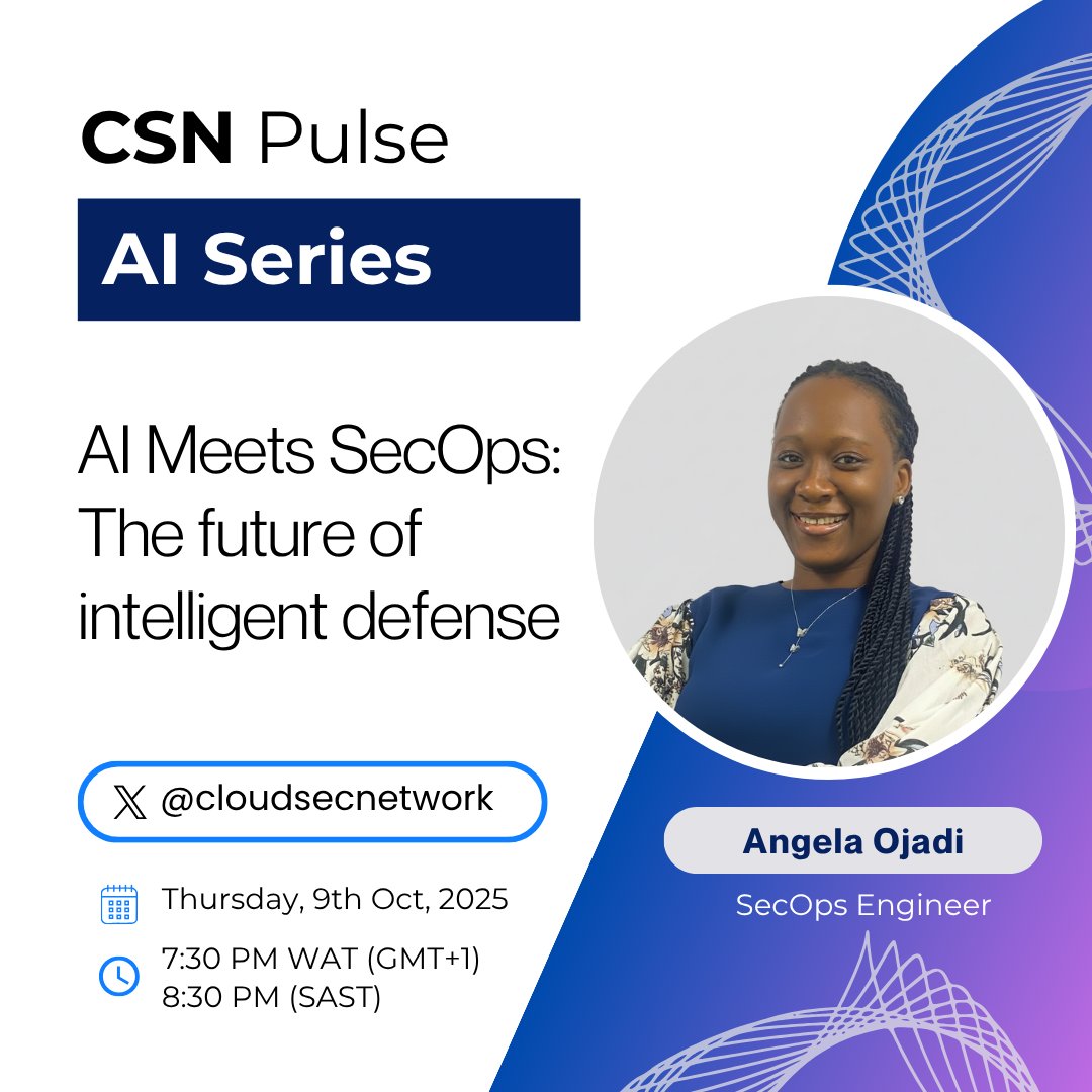 cloudsecnetwork's tweet photo. AI Meets SecOps!

Join us on CSN Pulse this Thursday, Aug 9 to explore the future of intelligent defense.

🎙️ Guest: Anita-Angela Ojadi

📌 Set a reminder:

https://t.co/G0YJ8xZ8DT

#CSNPulse #AI #SecOps #CyberSecurity https://t.co/66HVeVp9aj