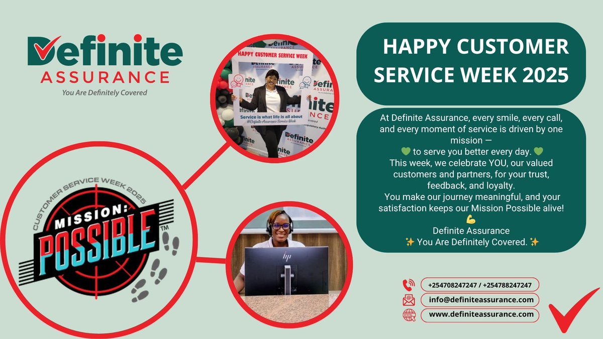 💚 Happy Customer Service Week 2025! 💚
✨ Definite Assurance – You Are Definitely Covered. ✨
#CustomerServiceWeek #MissionPossible #DefiniteAssurance #WeValueYou #CustomerFirst