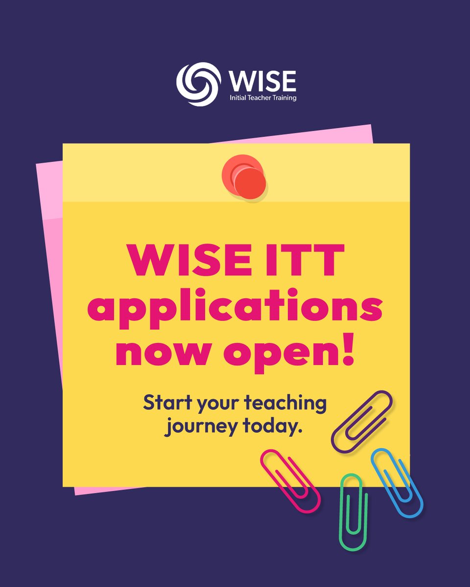 Applications for teacher training with WISE ITT, in partnership with <a href="/NorthumbriaUni/">Northumbria Uni</a> are now OPEN!

Visit gov.uk/apply-for-teac…  and apply using the following codes: Primary age 5-11 (28P6) and code 15Q.

#trainwithWISEITT #teachertraining #ITT