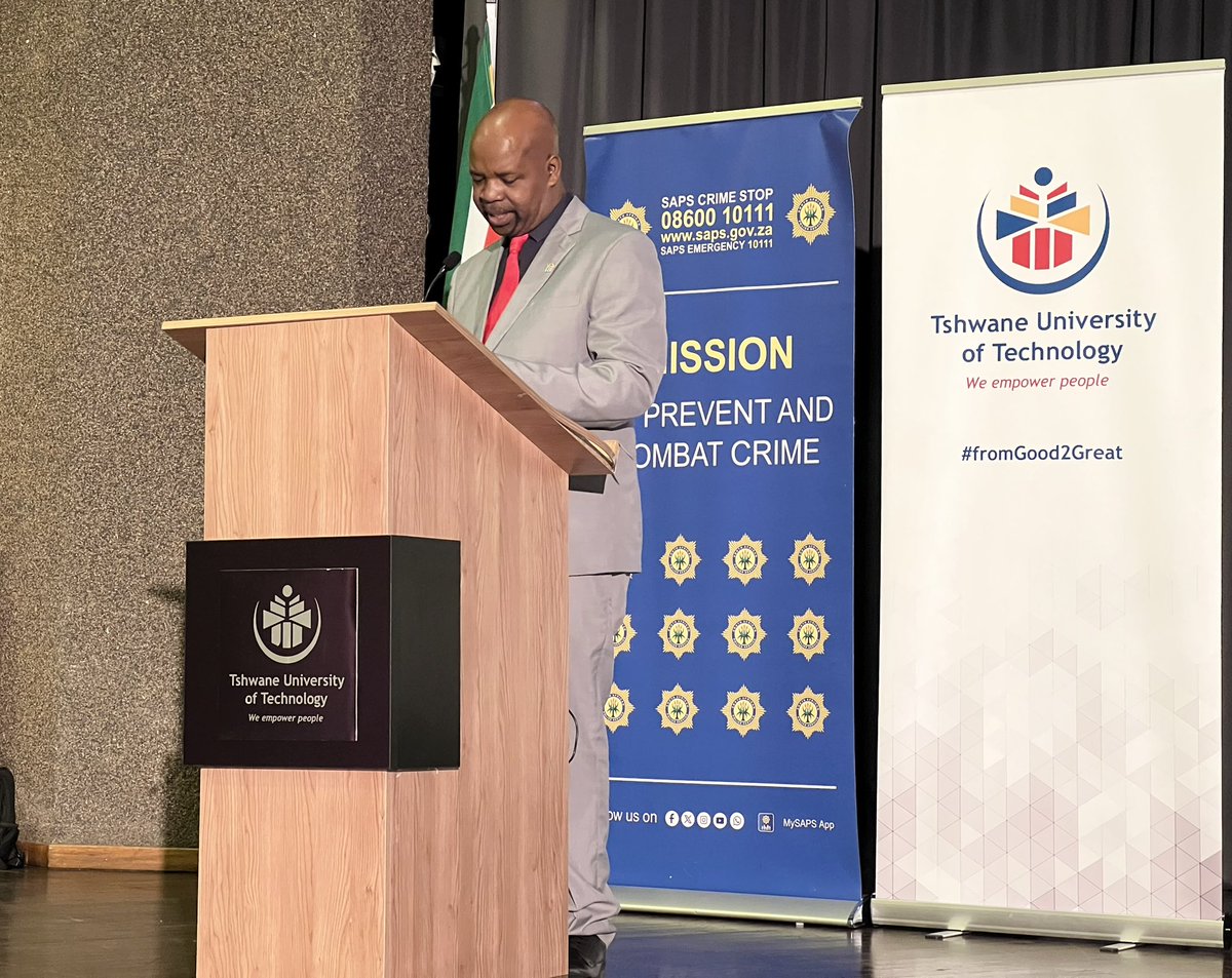 SAPoliceService's tweet photo. #sapsHQ [HAPPENING NOW] Prof. T. Maluleke, TUT Vice-Chancellor, calls for unity at the #CCSF launch:

“We cannot do this alone. We need #SAPS, law enforcement &amp; our communities. Let us build safer campuses &amp; resilient communities against crime.” #CampusSafety SG https://t.co/Zh9YQMIg5O