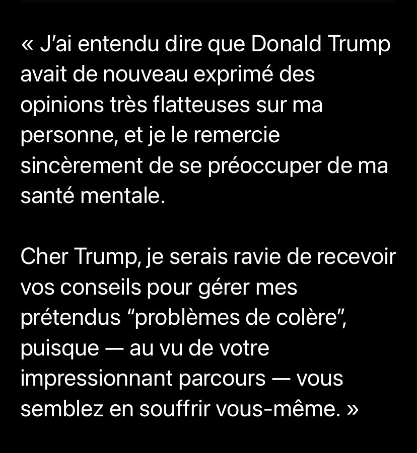 moonbee  (@bmoon_bee) on Twitter photo Greta Thunberg fait face aux puissants sans se démonter et répond à Trump ! 
— « Cher Trump, je serais ravie de recevoir vos conseils pour gérer mes prétendus “problèmes de colère”, puisqu’au vu de votre parcours accablant, vous semblez en souffrir vous-même. » 
😉💯🎯❤️✊ Greta Thunberg fait face aux puissants sans se démonter et répond à Trump ! 
— « Cher Trump, je serais ravie de recevoir vos conseils pour gérer mes prétendus “problèmes de colère”, puisqu’au vu de votre parcours accablant, vous semblez en souffrir vous-même. » 
😉💯🎯❤️✊