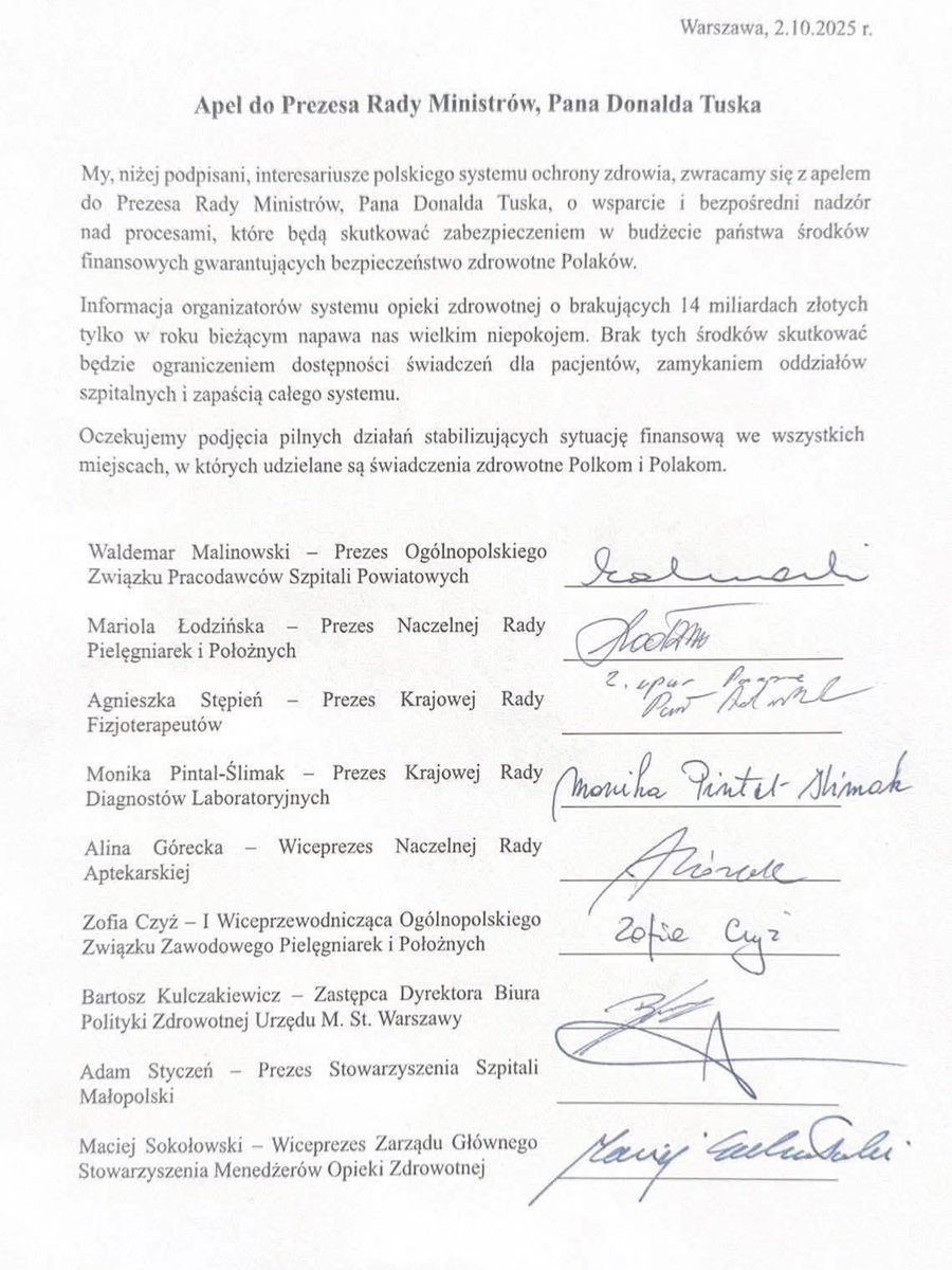 ❗️ Apel do Prezesa Rady Ministrów w sprawie sytuacji finansowej ochrony zdrowia 

<a href="/NIPiP1/">NIPiP</a> <a href="/KIFinfopl/">Krajowa Izba Fizjoterapeutów</a> <a href="/NaczelnaA/">Naczelna Izba Aptekarska</a>