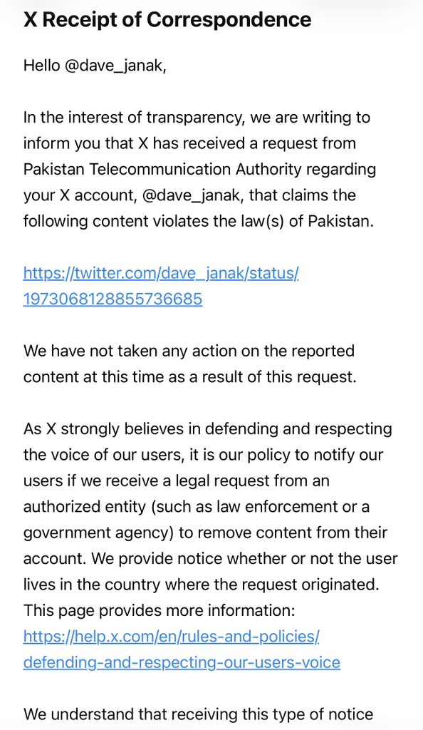 dave_janak's tweet image. मेरे एक ट्वीट से #ISPR को तकलीफ़ हो गई.

आज X ने एक प्रेम पत्र भेजा है की पाकिस्तान टेलिकम्यूनिकेशन अथॉरिटीने #POK पर किए गए एक ट्वीट पर रिपोर्ट किया है.

ट्वीट मैं लिखा था की मैं POK में कैसे तानाशाही के ख़िलाफ़ लोग विद्रोह कर रहे है. 

तानाशाहोंने पुलिस को भेजा तो लोगोने पुलिस…