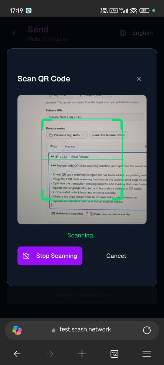 🚀 SCASH Wallet 网页钱包 v1.1 版本发布啦！

这次更新带来了一个实用又酷的新功能：🎥 支持网页端直接调用摄像头进行二维码扫描！

无需安装额外应用，用户现在可以直接在浏览器中打开摄像头，快速扫描收款二维码，自动填入地址和金额，一键完成转账。

🔹 更新亮点：
✨ 新增