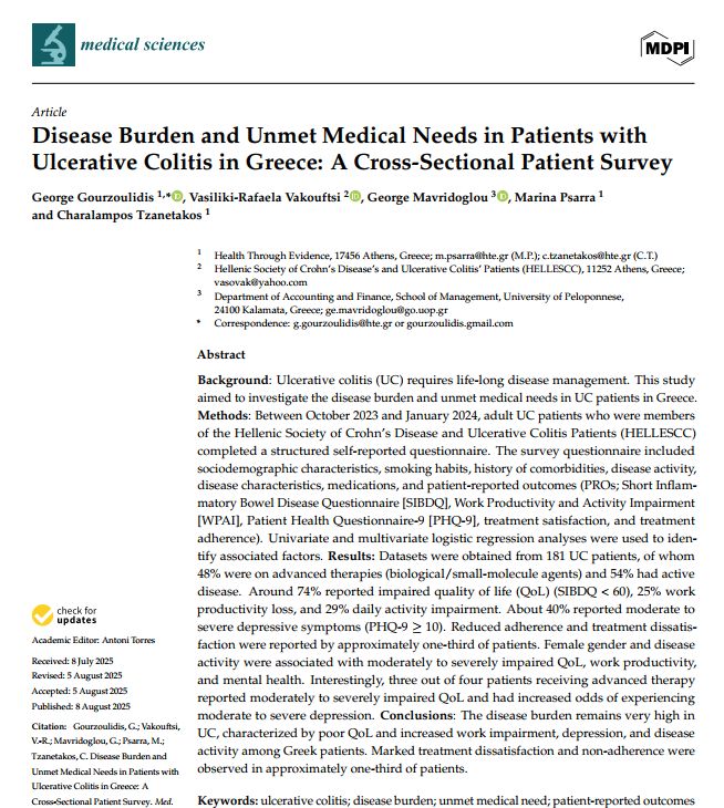 EvidenceThrough's tweet image. We’re happy to share that our latest study has been published in the open-access journal Medical Sciences.
📝 Title: Disease #Burden and #Unmet #Medical  Needs in Patients with #Ulcerative Colitis in Greece: A Cross-Sectional #patient  #Survey. mdpi.com/2076-3271/13/3…