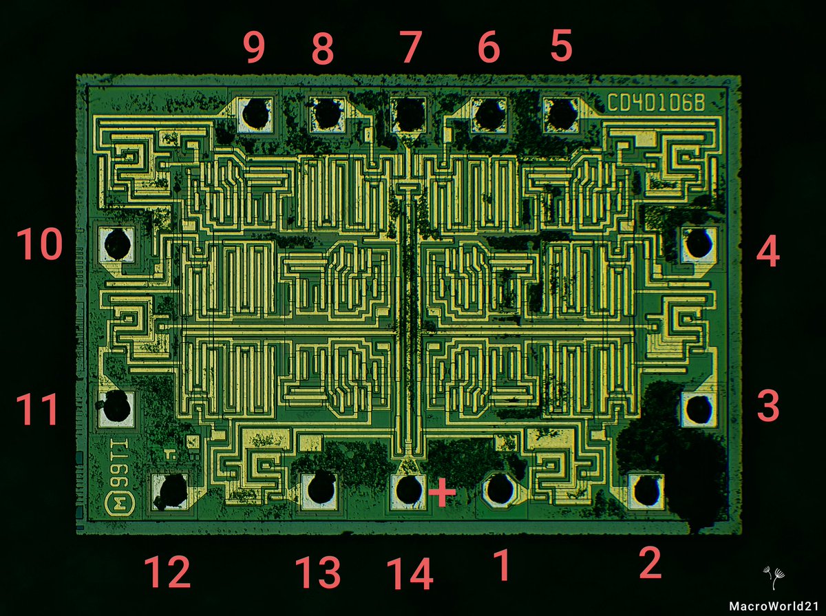 Texas Instruments CD 40106 B | Schmitt Trigger from 1999.
Marked the pinout according to TI datasheet.
Bought this on eBay, decapped to see if it was original or Chinese fake. This is definitively original TI.