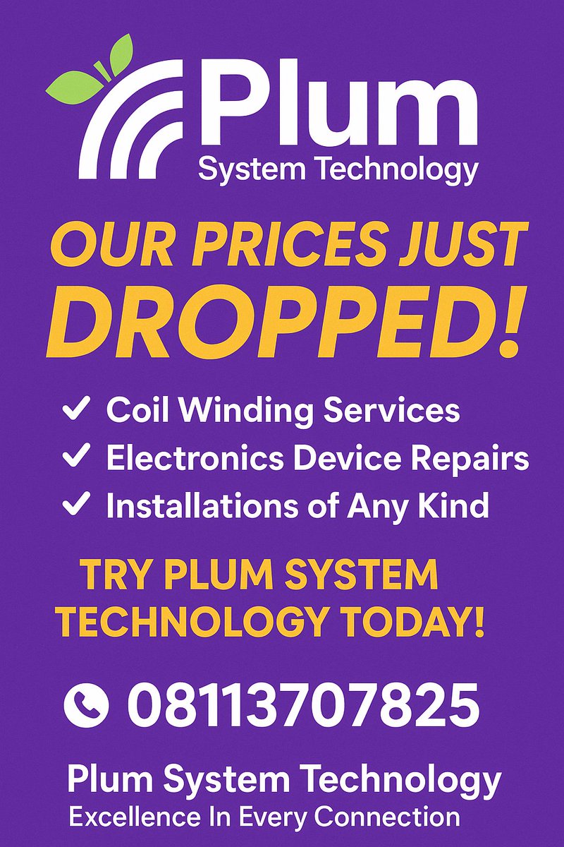 PlumSystem369's tweet photo. 💥 Our prices just dropped!
Coil winding, repairs, installations — now cheaper than ever 🔧🔥
Try Plum System Technology today!
📞 08113707825 https://t.co/SUW70g8SNl