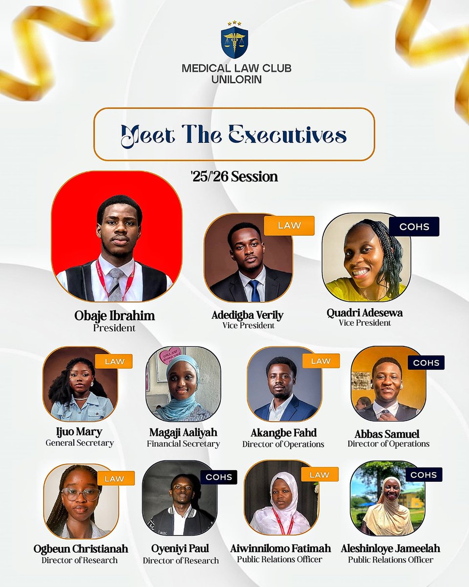 A new chapter begins! ⚖️🩺

Introducing the dynamic team of executives leading MLC this session.

Join us on this journey of learning, growth, and impact.

Check out our socials for more updates!

Instagram 
instagram.com/mlcunilorin/pr…

MLC community 
chat.whatsapp.com/GkZKtn42qc9DCG…