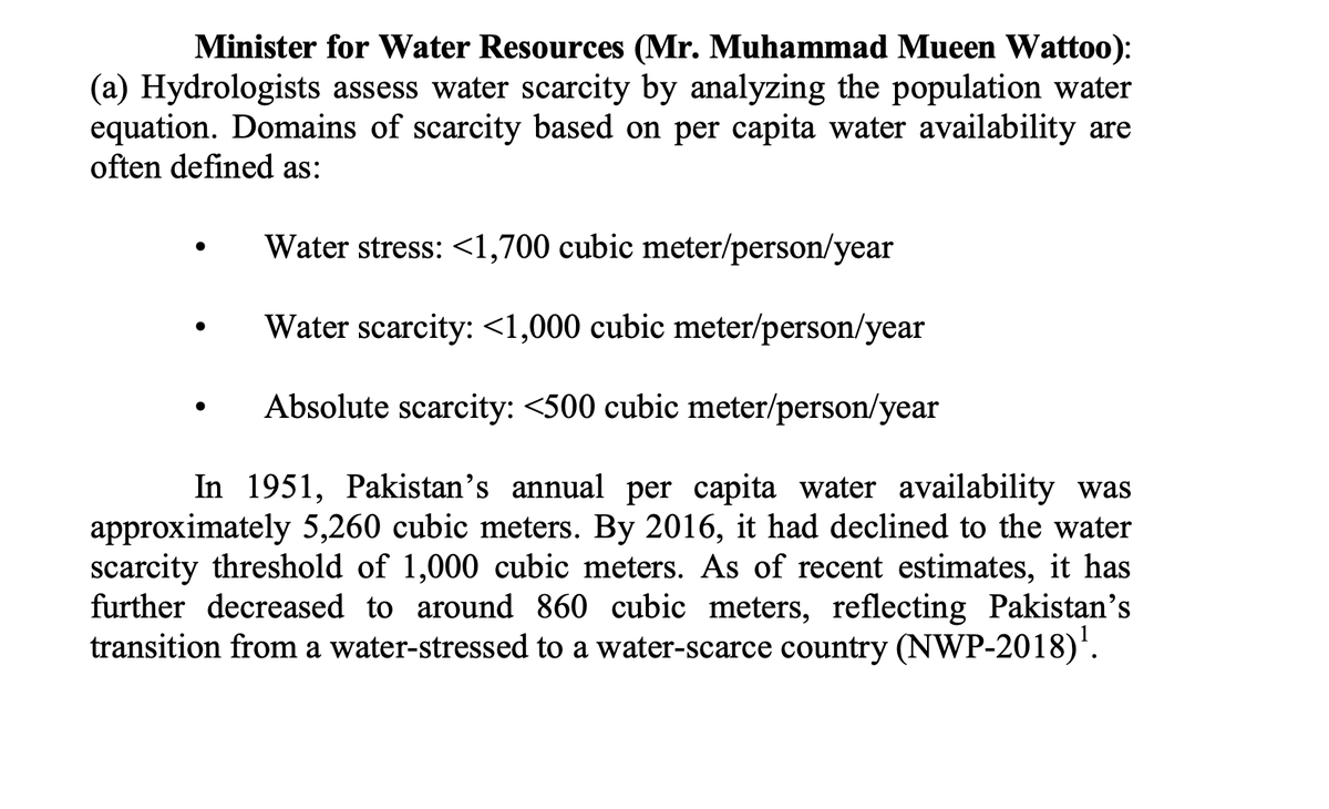Pakistan is now officially water-scarce, with per capita water availability below the critical 1,000 m³/year mark, as reported to the National Assembly by the concerned minister. 

In 1951, it was over 5,000 m³; today, it’s just 860 m³.

 #WaterCrisis #PakistanWaterCrisis