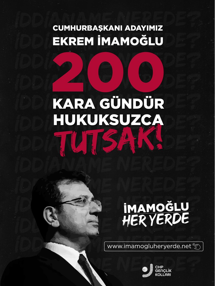 Cumhurbaşkanı Adayımız Ekrem İmamoğlu, 200 Gündür Tutsak!

İddianame derhal hazırlansın, yargılama tutuksuz yapılsın.