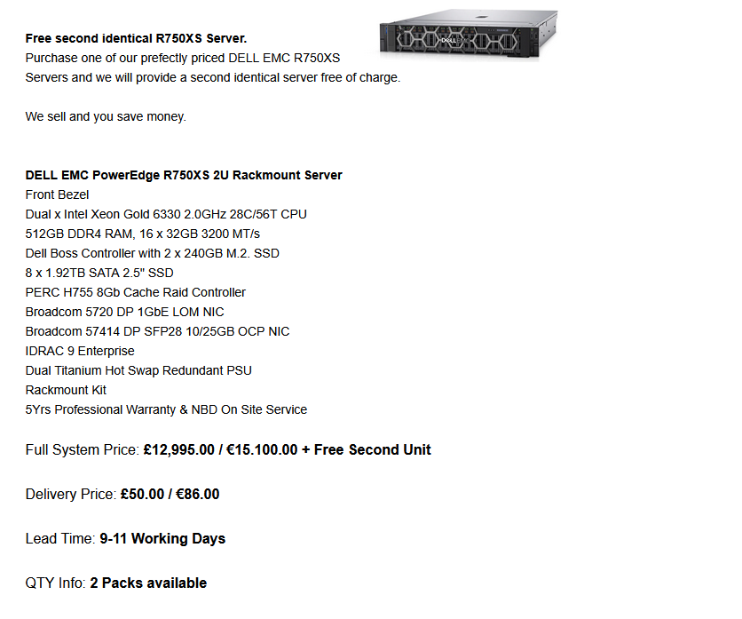 GrantLydelle's tweet photo. Whilst stocks last, look at our fantastic offers on the new DELL EMC 16th Generation R760 2U Rackmount Servers, with a FREE Second Identical System included. hashtag
full offers:
https://t.co/uqyiYIfZYQ
#ITManagers #ITDirector #ITPurchasing #Servers #ITNetworkManagers https://t.co/8cM3PF8e9v