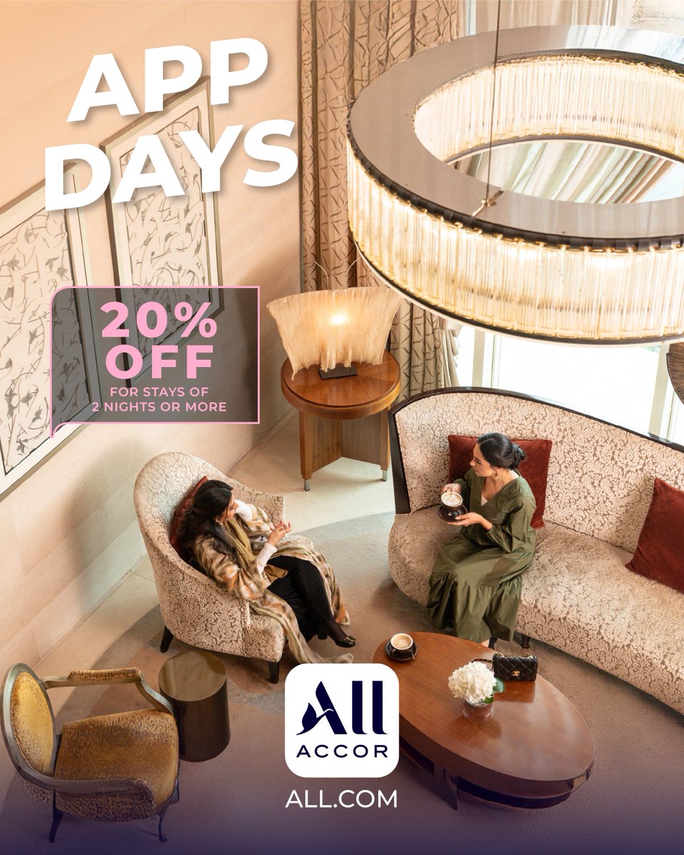 MovenpickKhobar's tweet image. Enjoy 20% off with an exclusive offer on the ALL-Accor app.

Book through the app by 9 October 2025 and take advantage of this limited-time offer when staying two nights or more until 10 December 2025.

#movenpickalkhobar #movenpick #accor #allaccor #discount #offer