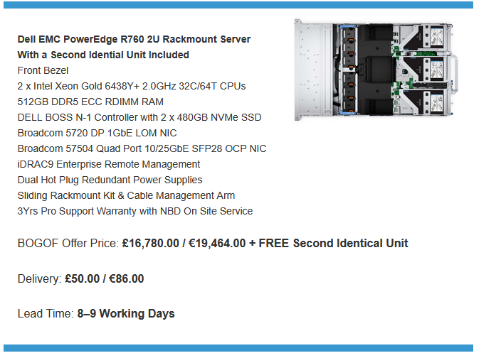 GrantLydelle's tweet photo. Whilst stocks last, look at our fantastic offers on the new DELL EMC 16th Generation R760 2U Rackmount Servers, with a FREE Second Identical System included. hashtag
full offers:
https://t.co/uqyiYIfZYQ
#ITManagers #ITDirector #ITPurchasing #Servers #ITNetworkManagers https://t.co/8cM3PF8e9v