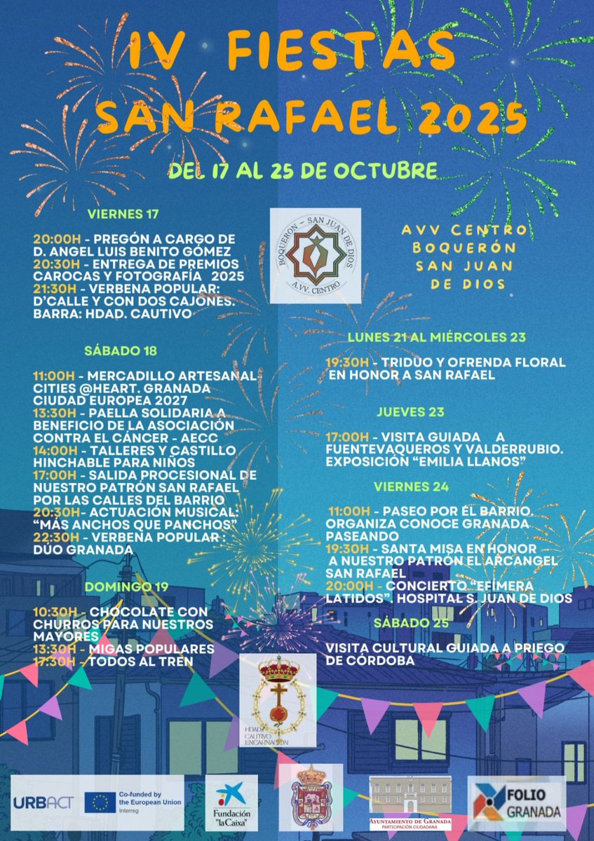 #FIESTAS DEL BARRIO DEL BOQUERÓN |

Del 17 al 19 de Octubre, la #Hermandad estará a cargo de la barra instalada en la Plaza del Boquerón con motivo de las IV Fiestas en Honor a San Rafael.

Os esperamos para disfrutar de esta verbena popular en el corazón de #Granada.