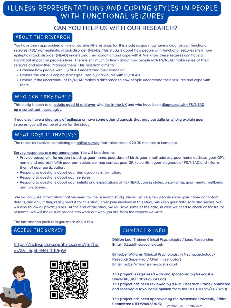 Functional Seizures Research Study (@fs_studydl) on Twitter photo Hi everyone! 
I’m  researching how people with functional seizures understand & cope with their condition. If you're 18+, UK-based, have been diagnosed by neurologist, please take 20-30 mins to complete this survey: nclpsych.eu.qualtrics.com/jfe/form/SV_3q…
#fnd #fndaware #fndhope Hi everyone! 
I’m  researching how people with functional seizures understand & cope with their condition. If you're 18+, UK-based, have been diagnosed by neurologist, please take 20-30 mins to complete this survey: nclpsych.eu.qualtrics.com/jfe/form/SV_3q…
#fnd #fndaware #fndhope