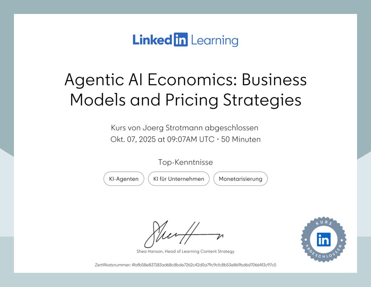 I’ve just completed the course “Agentic AI Economics: Business Models and Pricing Strategies”. 🤖 If you’re interested in how #AIAgents are reshaping business models, check it out here: bit.ly/46XfUmr #AIforBusiness #ArtificialIntelligence  #AgenticAI