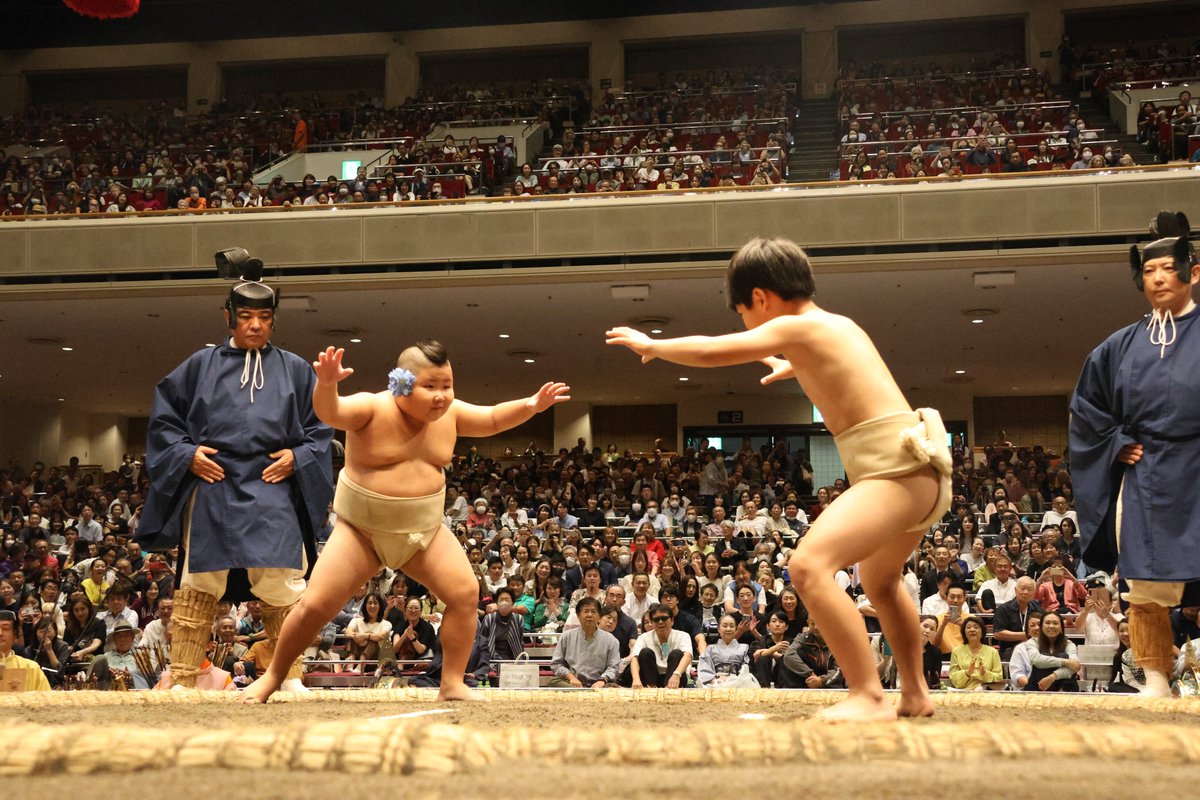 ＜百周年場所＞
童相撲。
3人ずつ子どもが登場し、 頭に花をさして行われます。 

立ち合いは両手を付くかたちではなく、お互いに息を合わせて行われます。 

明日以降も、本日ご紹介しきれなかった催しや写真をたっぷりお届けいたします。 

#sumo #相撲 #百周年場所