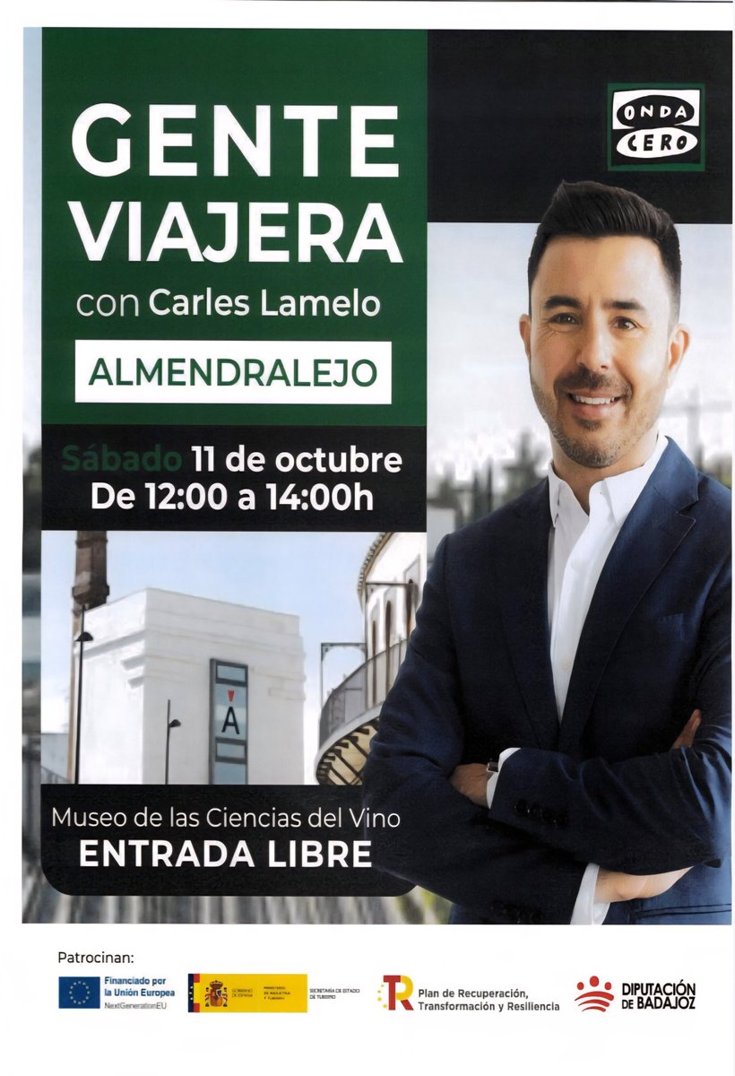 Gente Viajera,con    Carles Lamelo    
📍Almendralejo 
 ⏰️Sábado 11 de octubre 
De 12:00 a 14:00 h
🍾Museo de las Ciencias del Vino 
👇🏻Entrada libre