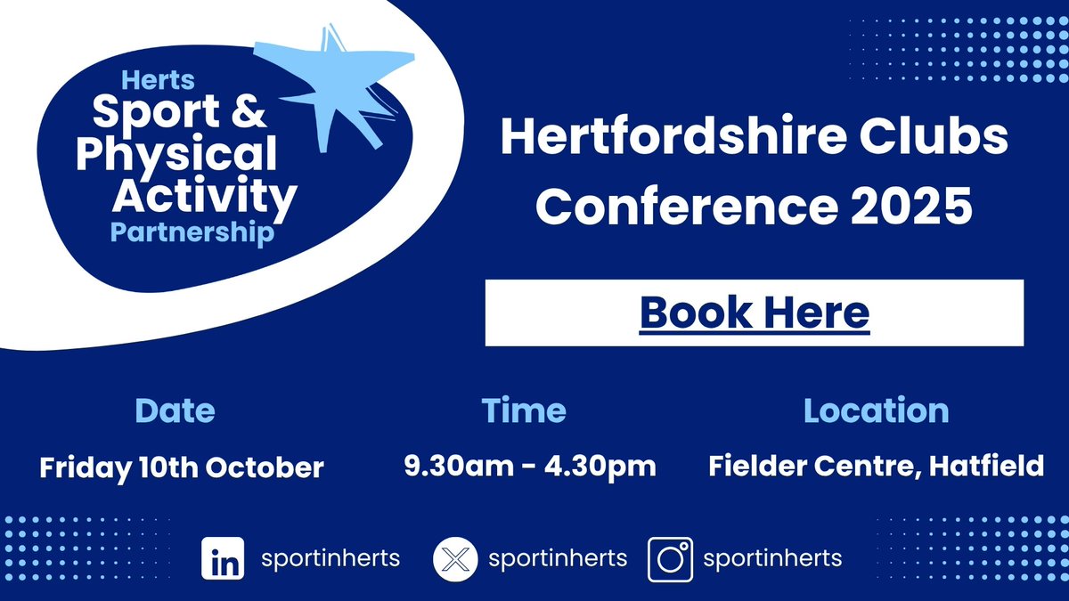 sportinherts's tweet photo. Last chance to book your place on our annual Hertfordshire Clubs Conference!

📆 Friday 10th October 

⏰️ 9.30am

📝 https://t.co/WRSefSS9O5 https://t.co/LDpiwqQI9K
