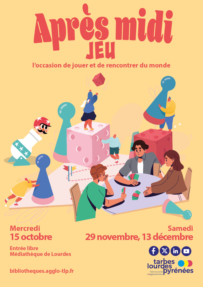 [𝗕𝗶𝗯𝗹𝗶𝗼𝘁𝗵𝗲̀𝗾𝘂𝗲𝘀]
Nouveauté à la Médiathèque de Lourdes : les Après-midi jeu ! 
Venez profitez de l'occasion de jouer et de rencontrer du monde.
Prochain RDV le 15/10

+ d'infos sur le réseau de lecture publique ici : bibliotheques.agglo-tlp.fr