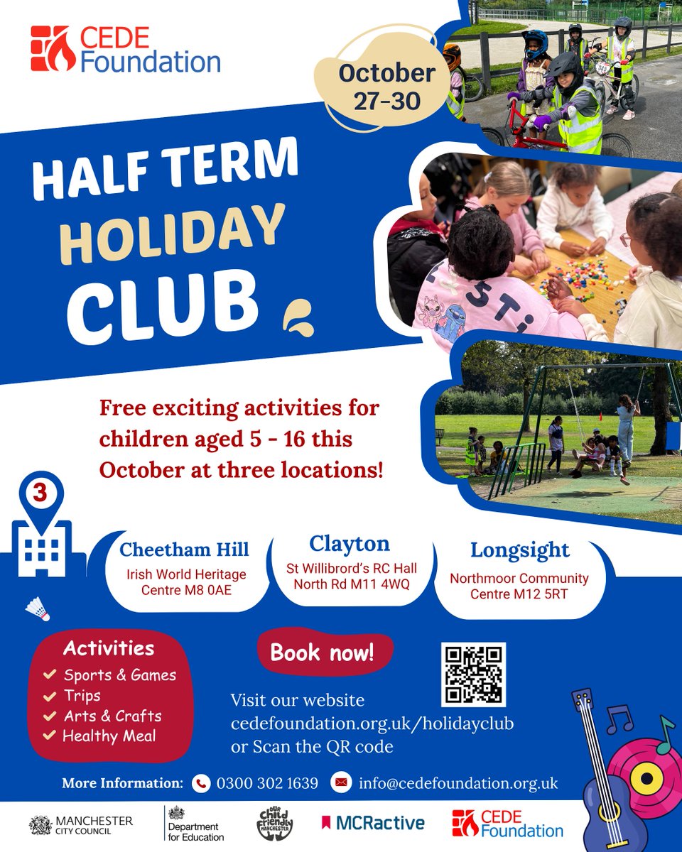 cedefoundation's tweet photo. 🎉Our Free Half Term Holiday Club is back this October!
📅 27–30 Oct | Ages 5–16
📍Cheetham Hill, Clayton, Longsight
Get ready for sports, creative fun, games, challenges &amp; a trip + free healthy meals daily!🍏🍽️
Book now👉 https://t.co/tACKQIJVkt
#cedefoundation https://t.co/BdRx66EwaG