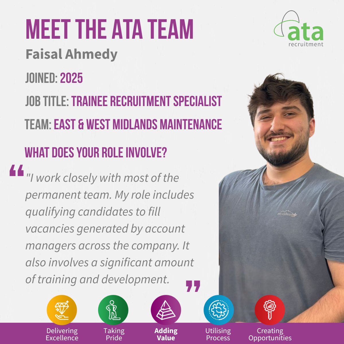 Meet Faisal, one of our newest Trainee Recruitment Specialists at ATA Recruitment. Since joining in 2025 he’s added value by qualifying candidates, supporting account managers and growing through training.

Apply 👉 ata-recruitment.co.uk/job/trainee-re…
#EngineeringCareers #RecruitmentJobs