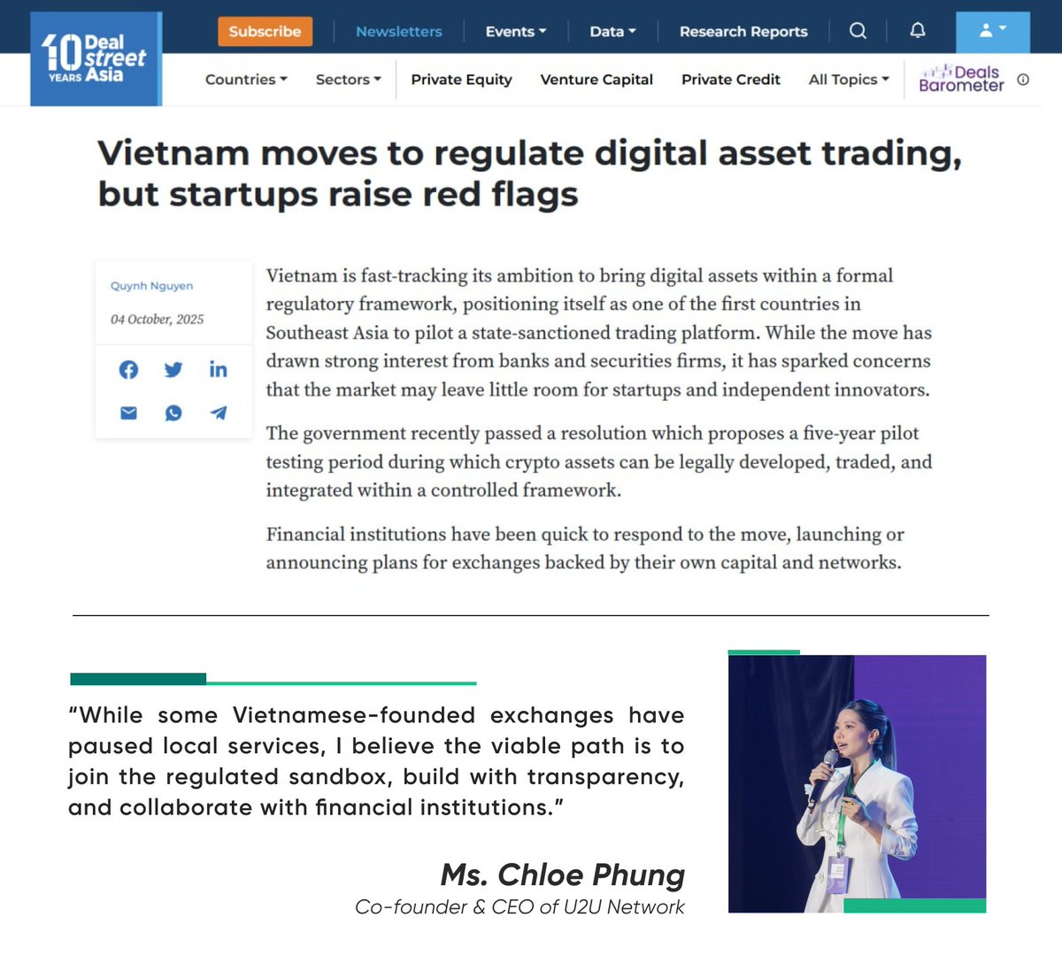 u2u_xyz's tweet image. Regulation shouldn’t kill innovation - it should shape it.
On @DealStreetAsia, U2U Network’s CEO, Chloe Phung, discusses how Vietnam’s Resolution 05 can balance innovation and risk, turning compliance into a catalyst for growth.
If done right, this could make Vietnam a digital…