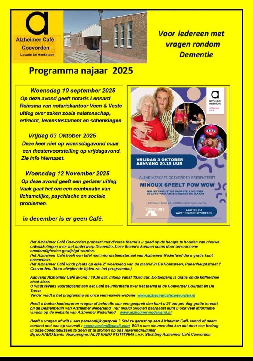 Hebt u ons programma voor dit najaar al gezien? U bent op onze informatie avonden van harte welkom.
De entree is gratis evenals een kopje koffie of thee...