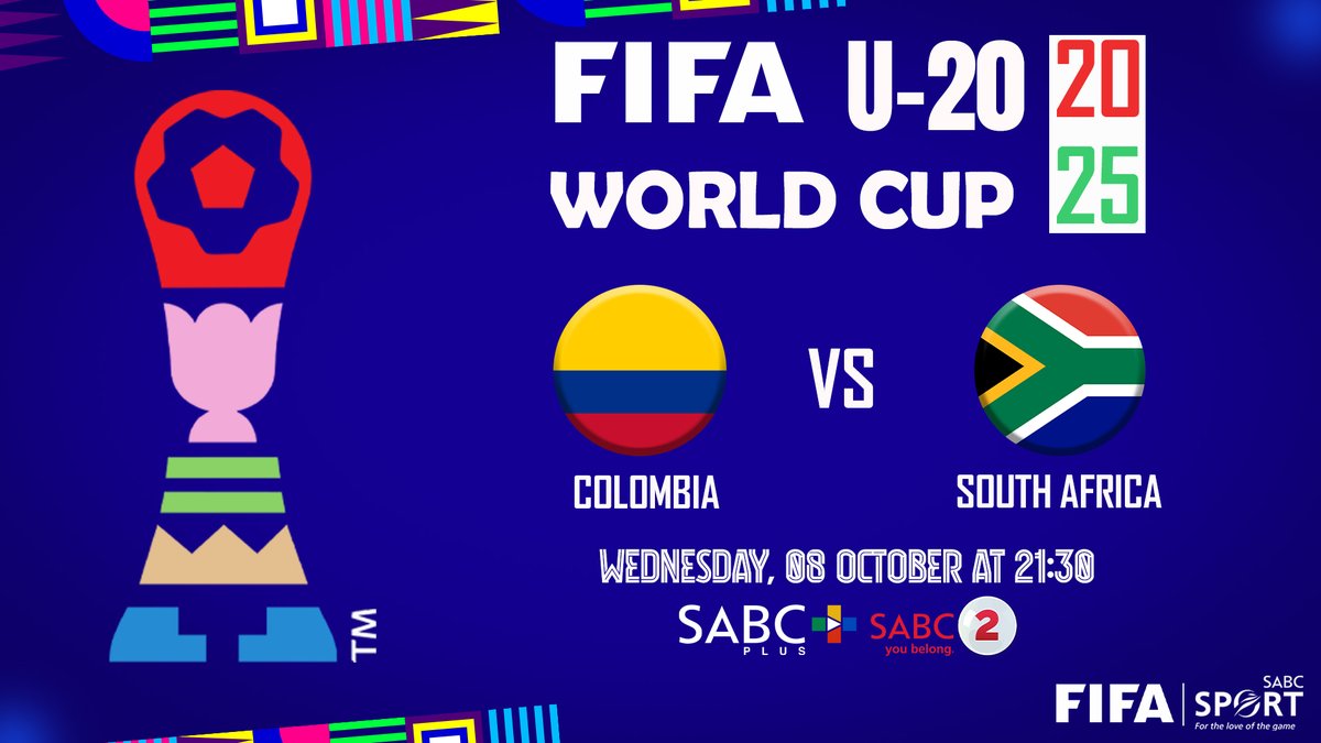 SABC_Sport's tweet photo. 🇨🇴 Colombia vs 🇿🇦 South Africa — FIFA U-20 action at its best!

🗓️ Wednesday, 8 October | 🕤 21:30
📺 LIVE on @SABC_2 
📻 SABC Radio Stations
💻 Stream on https://t.co/mPFr5lSZOU 
📡 Available on Openview

Stand tall, Mzansi! The future wears green and gold. 💚💛

#ItsGameOnEverywhere | #SABCSport | #SABC2 | #Amajita | #BafanaBafana
