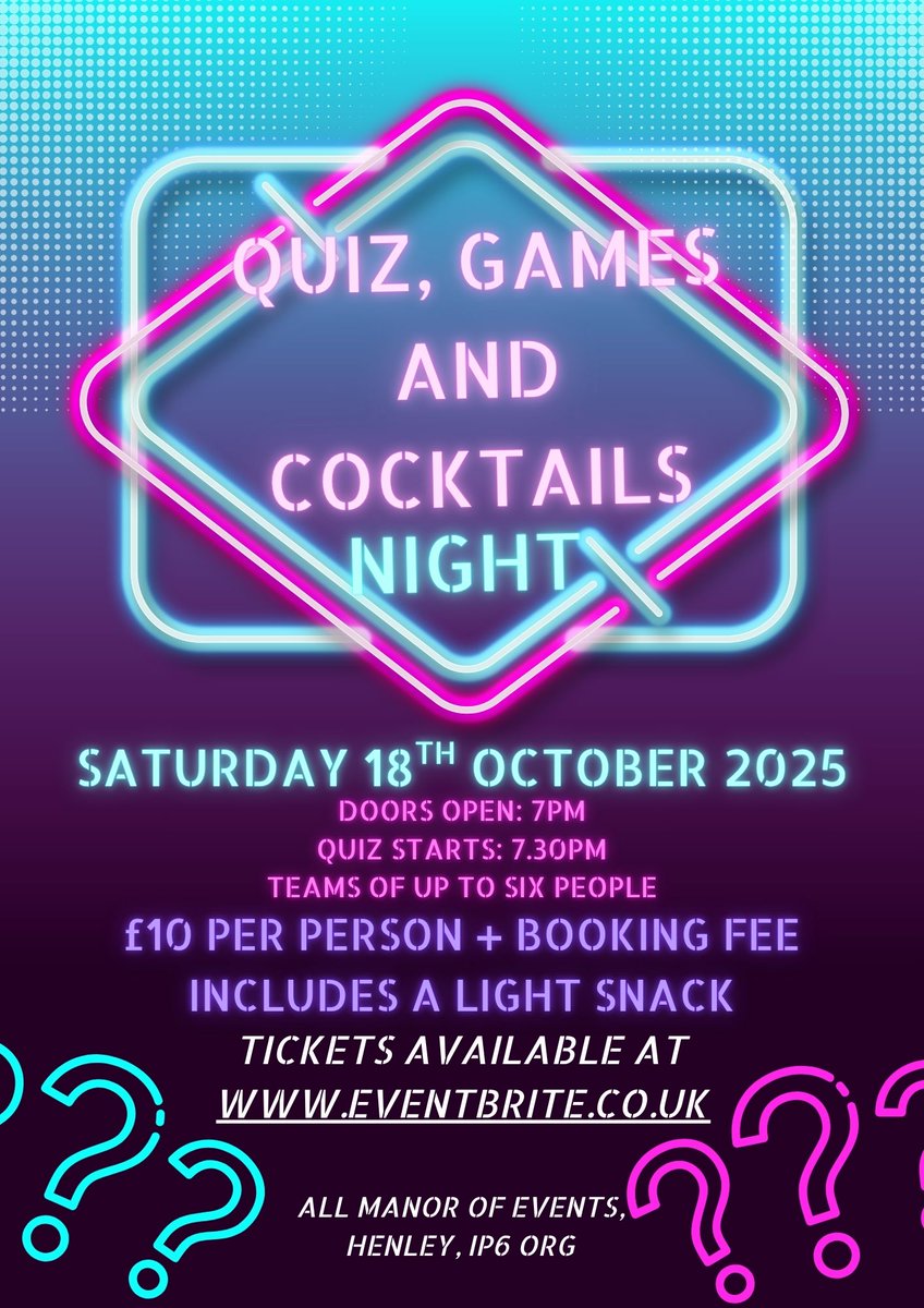 🎉 Quiz, games &amp;amp;amp; cocktails – what more do you need?
Join us Sat 18 Oct, 7pm at All Manor of Events for a fun night out! 🍸

🎟️ £10 (+fee) — Book here 👉 eventbrite.co.uk/e/quiz-games-c… #QuizNight #CocktailLovers #AllManorOfEvents #SuffolkEvents #EveningOut #GoodVibesOnly