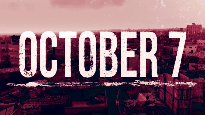 Red-tinted image with bold white text OCTOBER 7 repeated three times centered over a blurred urban skyline of buildings under a cloudy sky at dusk.