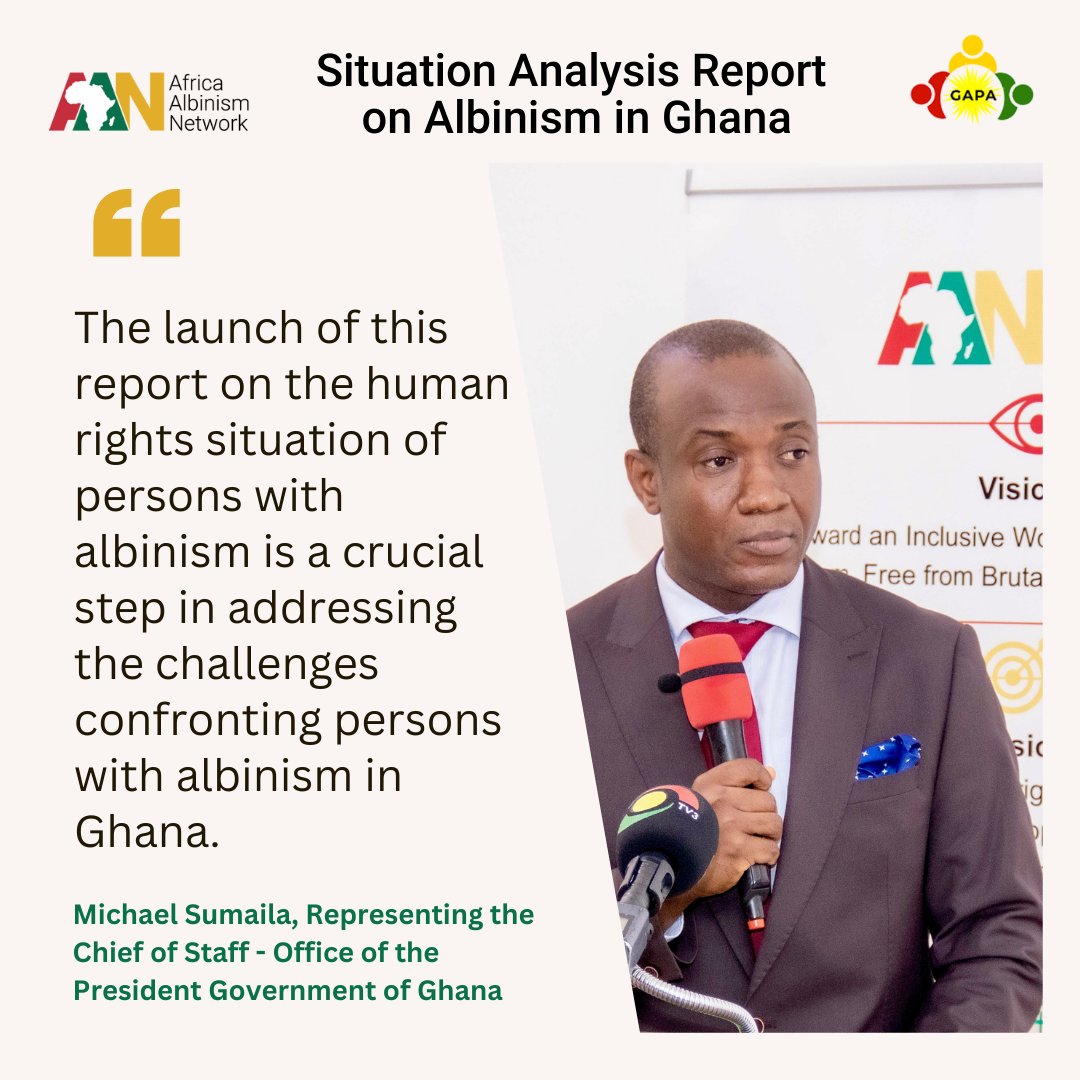 AfricaAlbinism's tweet photo. 🎉 On September 25, AAN and GAPA officially launched the Human Rights Situation Analysis of Persons with Albinism in Ghana.  

This crucial report highlights key challenges faced by persons with albinism, urges for coordinated action and inclusive action, and outlines a clear path toward a rights-based National Action Plan. 

We were honoured to be joined by the Chief of Staff - Office of the @GhanaPresidency , and key stakeholders, including the Commission on Human Rights and Administrative Justice (@CHRAJGHANA), the National Council on Persons with Disabilities, the University of Ghana, the Ghana Federation of Disability Organisations (@gfdghana), @UNESCO , @Sightsavers , @EngageNowAfrica , and Amnesty International Ghana. 

Together, we reaffirmed our commitment to advancing human rights, dignity, and inclusion for all. 

#HumanRights #AlbinismAwareness #Ghana #DisabilityRights @