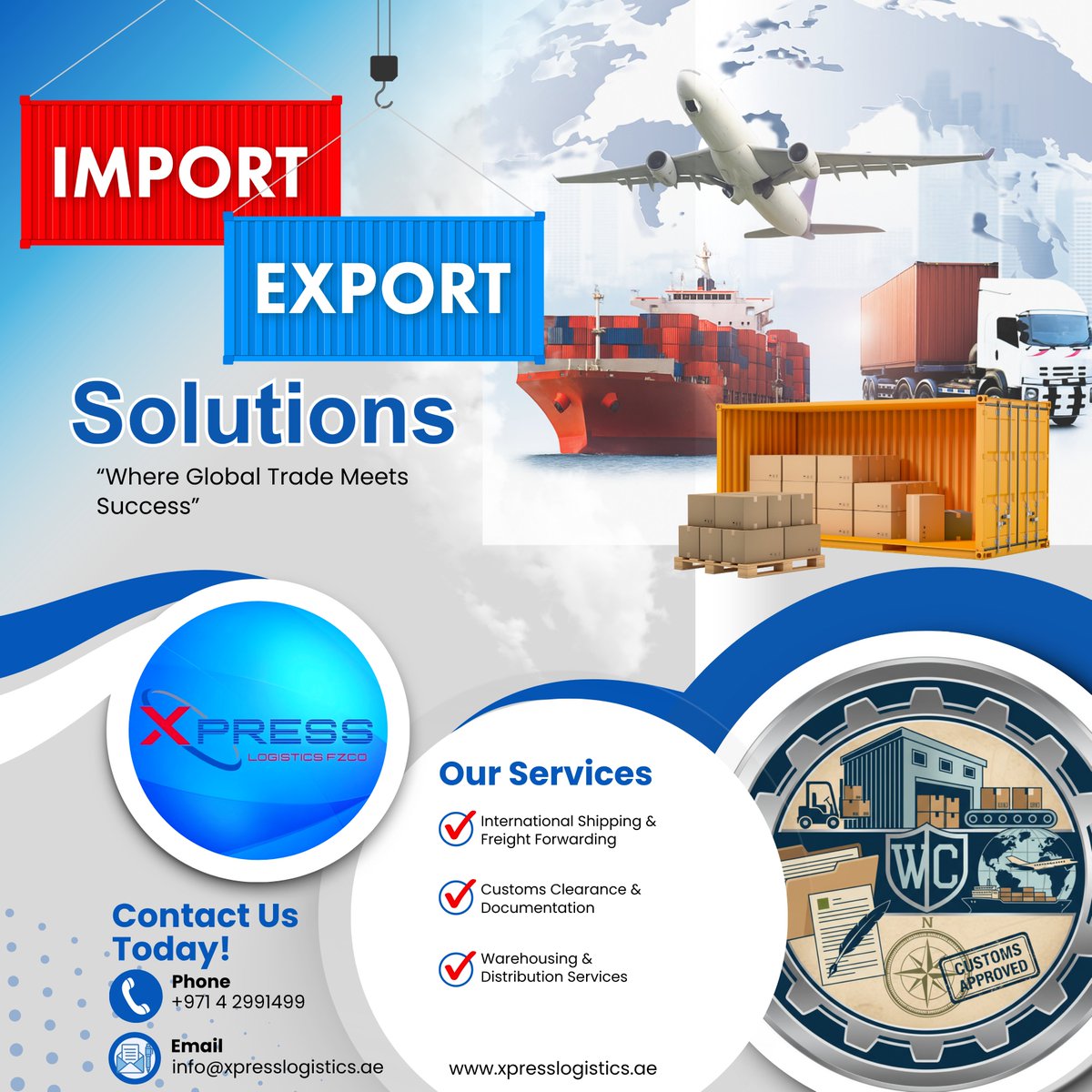 XpressLogistic2's tweet photo. 🚢✈️ Move your business beyond borders!
XpressLogistics FZCO delivers smooth and efficient Import &amp; Export Solutions worldwide.

📞 Contact us today and let’s take your trade to the next level!

📍►HONGKONG OFFICE - XPRESS LOGISTICS HK LTD
📍►DUBAI OFFICE- XPRESS LOGISTICS FZCO https://t.co/69TUcX21Pq