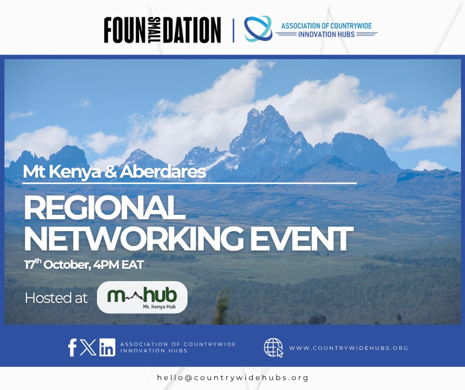 Our next stop in our Regional Networking Series, in partnership with #SmallFoundation, is happening at <a href="/MtKenyaHub_/">Mt Kenya Hub</a> 📍

We're highlighting members in the Mt. Kenya and Aberdares region, and we're looking forward to connecting🤝

#CountrywideHubs