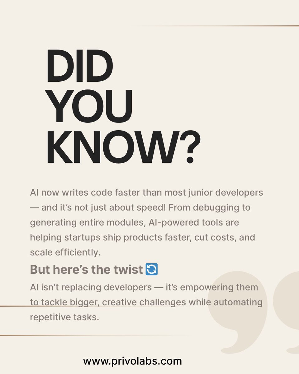 Privolabs's tweet image. AI is revolutionizing coding by automating tasks like debugging and module generation, helping startups cut costs and scale faster. It empowers developers, driving creativity and innovation. ✨
.
.
.
#AIinCoding #AIandDevelopers #TechInnovation