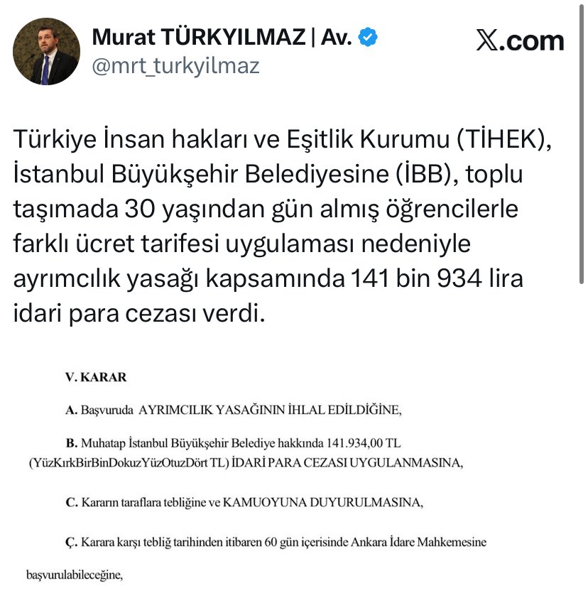 gencayozcn's tweet photo. Değerli İBB Meclisi AKP Grup Sözcüsü,

📍KYK yurtlarında 30 yaşını geçmiş gençlere barınma hakkı tanımıyorsunuz.
📍2023 yılında “öğrencilere özel vergisiz telefon, bilgisayar ve tablet desteği vereceğiz” dediniz ancak 26 yaşını geçen gençleri bu haktan mahrum bıraktınız.

📍TCDD’de genç indiriminden faydalanmak isteyen 26 yaş üzeri gençlere “yaşınız geçti” diyorsunuz.
Evlenecek gençlere verilecek kredi desteğini 29 yaşını geçen çiftlere vermiyorsunuz.
📍Yıllardır yönettiğiniz Konya Büyükşehir Belediyesi’nde, 2024 yılında aldığınız kararla 29 yaşını geçmiş öğrencilere ulaşım indirimi uygulamıyorsunuz.

Gençliği sadece 25 yaşına kadar sanan bu anlayış, fırsat eşitliğini ortadan kaldırmakta, ayrımcılığa yol açmaktadır.

Bu nedenle Türkiye İnsan Hakları ve Eşitlik Kurumu’nu (TİHEK) bu açık adaletsizlik karşısında göreve davet ediyoruz.

@mrt_turkyilmaz @tihek_kurumsal