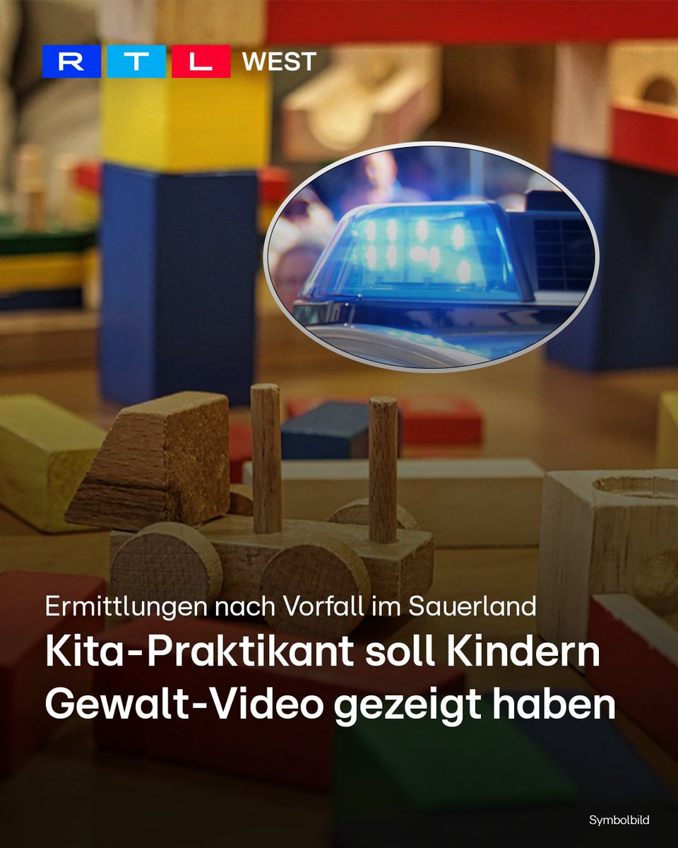 RTLWEST's tweet photo. In einer #Kita in #Marsberg (#Hochsauerlandkreis) soll ein 14-jähriger #Praktikant Kindern ein brutales Video gezeigt haben. Auf den Aufnahmen sei zu sehen gewesen, wie ein Mensch getötet wird. Mehrere Kinder erzählten ihren Eltern von dem #Vorfall. Die #Schule des Jugendlichen brachte den Fall zur #Anzeige. Der 14-Jährige absolvierte ein #Praktikum in der Kita. Die #Kriminalpolizei hat die #Ermittlungen übernommen. Unklar ist, wie der Jugendliche an das Video kam. Auch das Motiv des Schülers wird nun geprüft.
