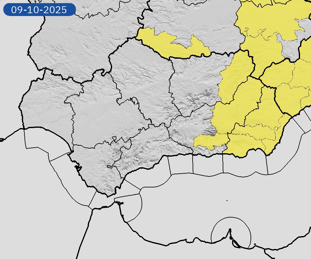 07/10 11:48 Avisos  activos pasado mañana en Andalucía por tormentas y lluvias. Nivel máximo de aviso: amarillo.
Actualizaciones en aemet.es/es/eltiempo/pr…