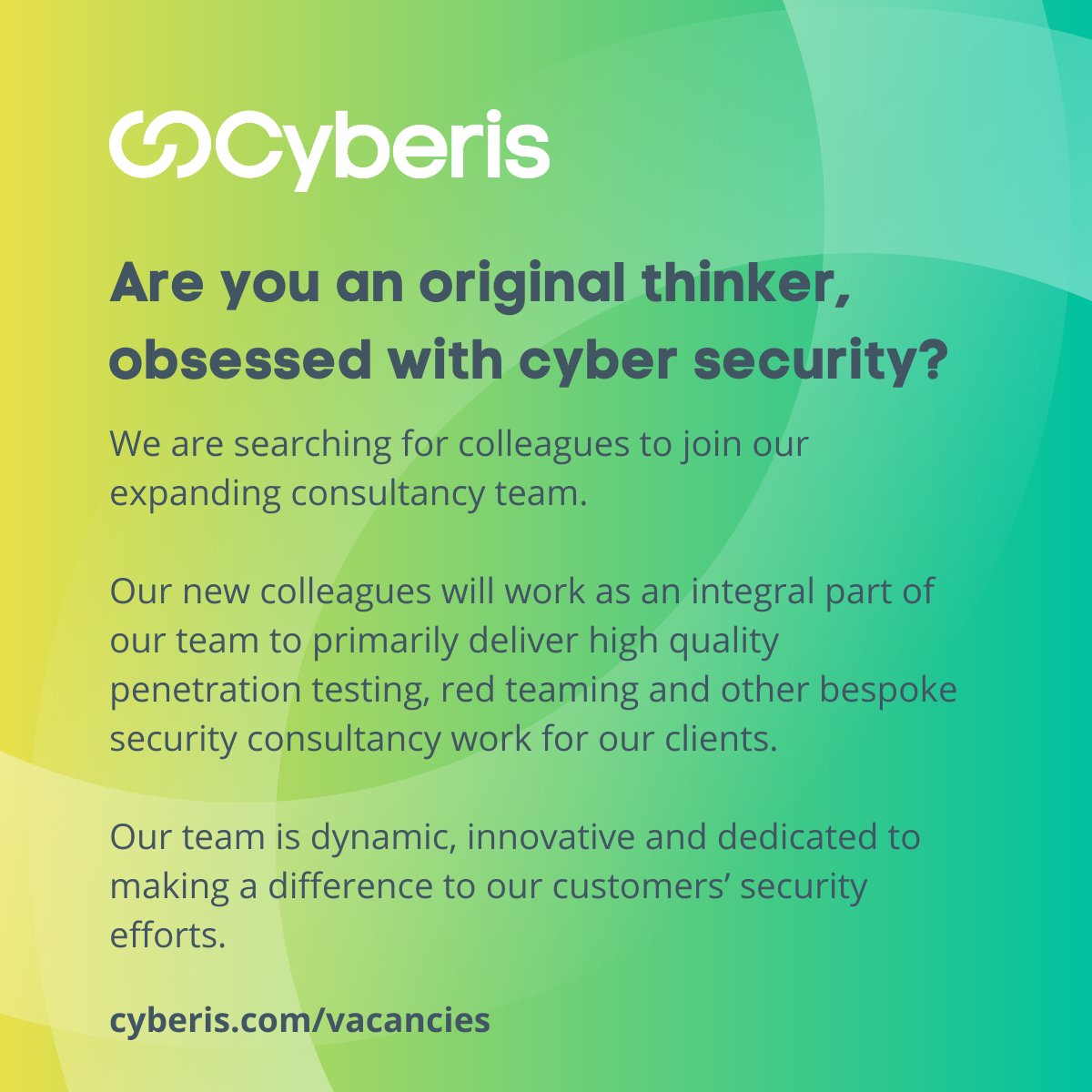 cyberisreply's tweet photo. We're hiring! 

Cyberis is searching for versatile consultants, and for people with skills across a wide range of expertise, to join our expanding consultancy team.

Learn more about the role and how to apply here ⬇️
https://t.co/24cG5nd0TJ

#CyberJobs #CyberSecurityJobs#Hiring https://t.co/xFefN12UQt