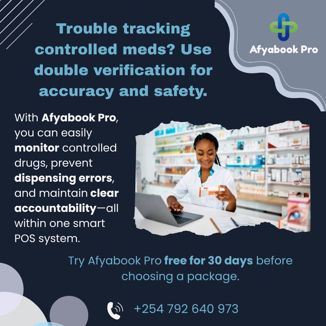 patameds's tweet photo. Trouble tracking controlled meds?
Afyabook Pro offers double verification, error prevention & accountability — all in one system.
Try it free for 30 days!
📞 +254 792 640 973
#AfyabookPro #HealthTech #PharmacySoftware #KenyaHealth https://t.co/8MkYQyS1zF