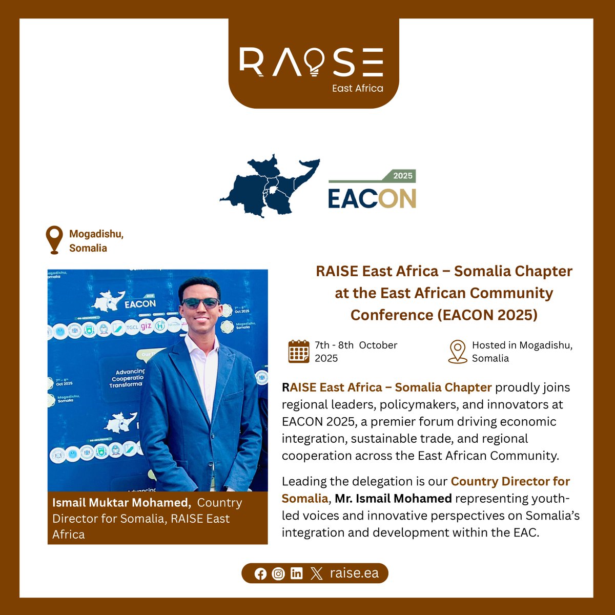 raise_ea's tweet image. RAISE East Africa – Somalia Chapter proudly participates in the East African Community Conference (EACON 2025), hosted in Mogadishu, Somalia.

Our Country Director is leading the delegation as we engage regional leaders and partners  across the EAC. 

@Conferenceeacon