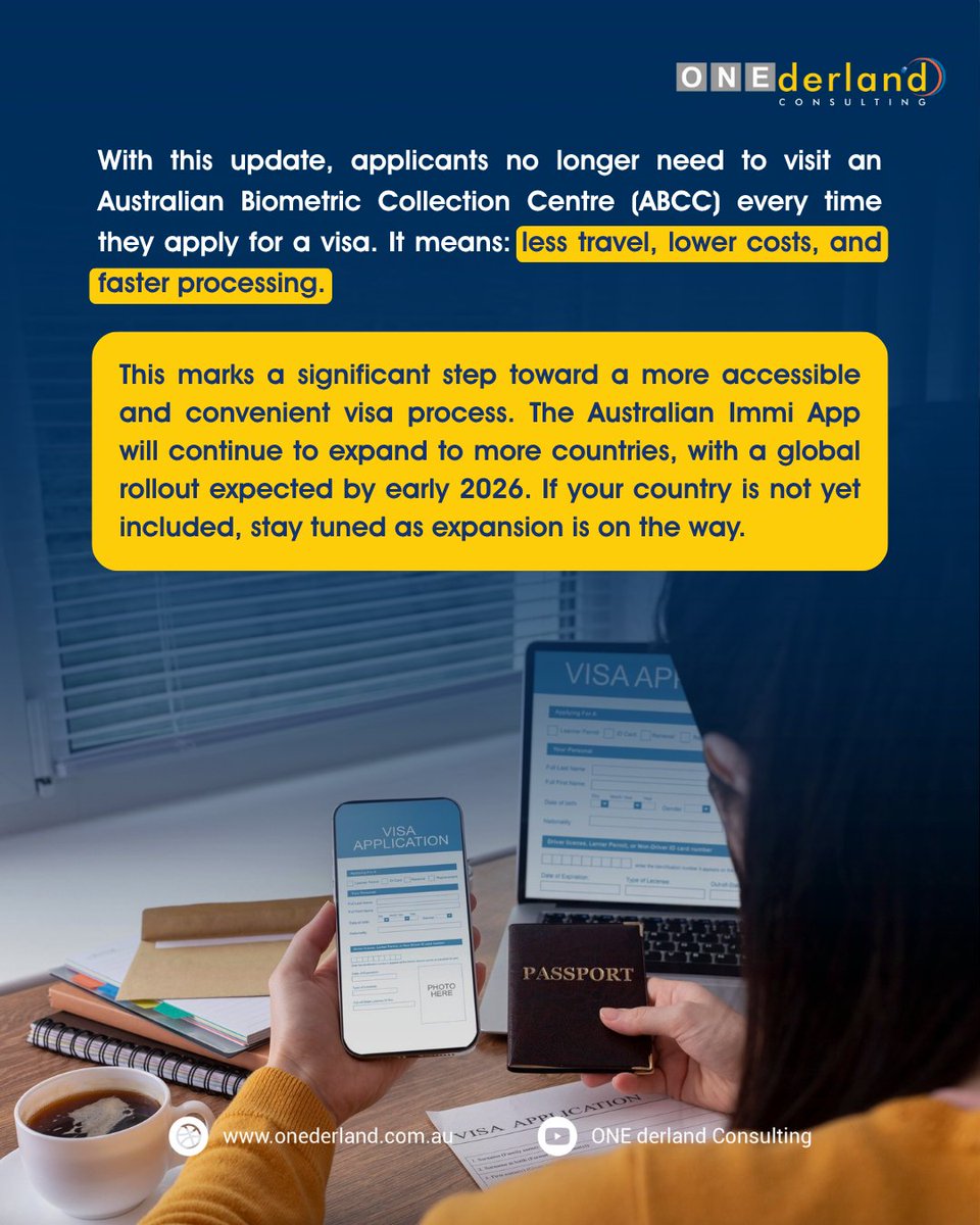 onederland_au's tweet image. From 30 September 2025, the Australian Immi App is expanding to 10 more countries. It means you may no longer need to travel to a biometric collection centre — you can now submit passport details and facial biometrics straight from your phone. 🤩

#AustralianVisa #MigrationAgent